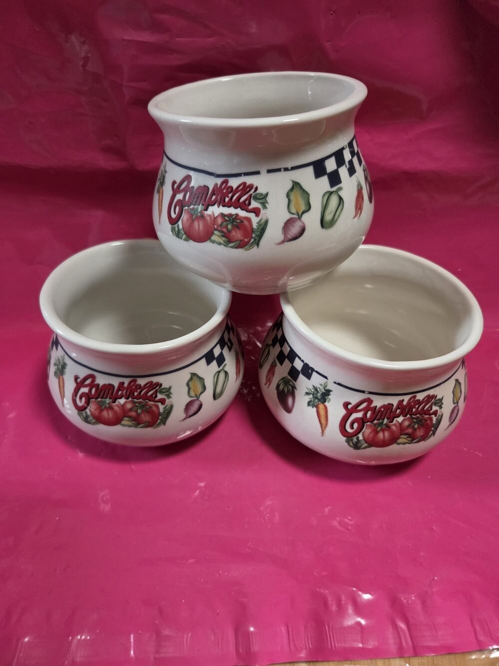 1997 Campbells Soup Cup Gibson Vegetable Bowl Coffee Mugs Checkered Rim SET OF 3